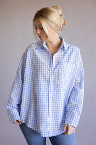 Gingham Oversized Button Up Shirt for Women in Light Blue