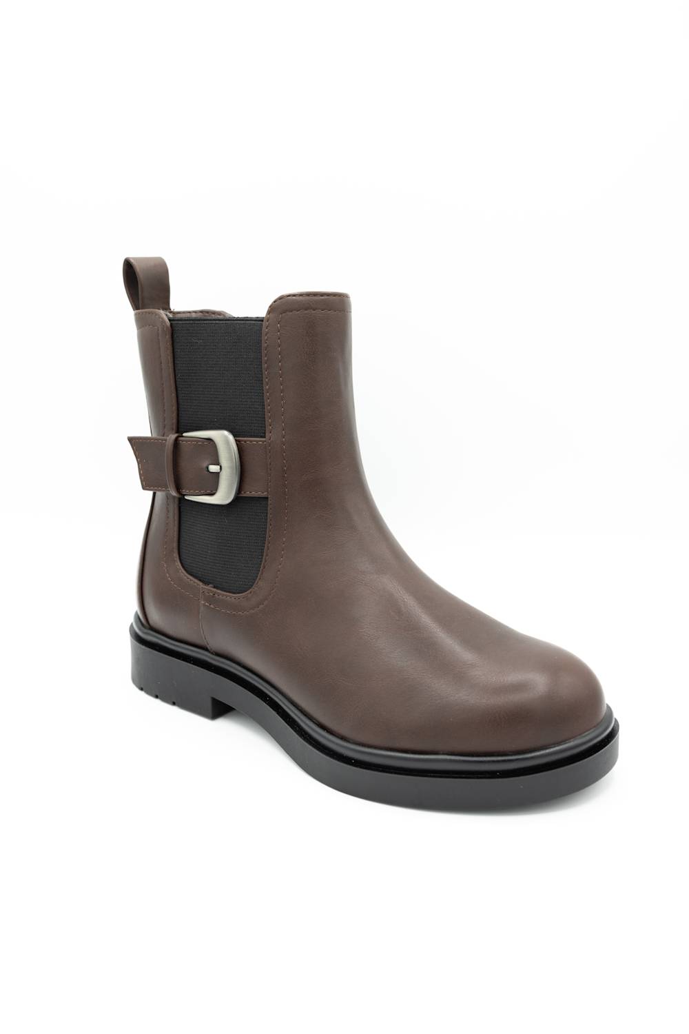 A brown leather ankle boot with a black elastic side panel, a brown strap with a silver buckle, and a black sole, shown on a plain white background.