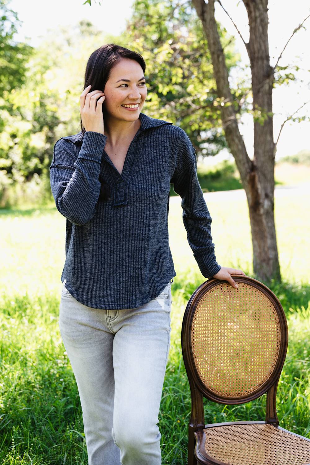 Simply Southern V-Neck Collar Top for Women in Dusk Blue