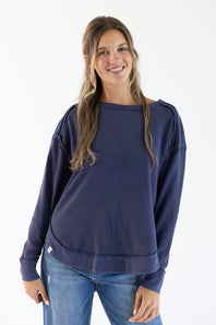 Simply Southern Curved Hem Waffle Top for Women in Dusk Blue | PP-0226-PULL-WFL-DUSK