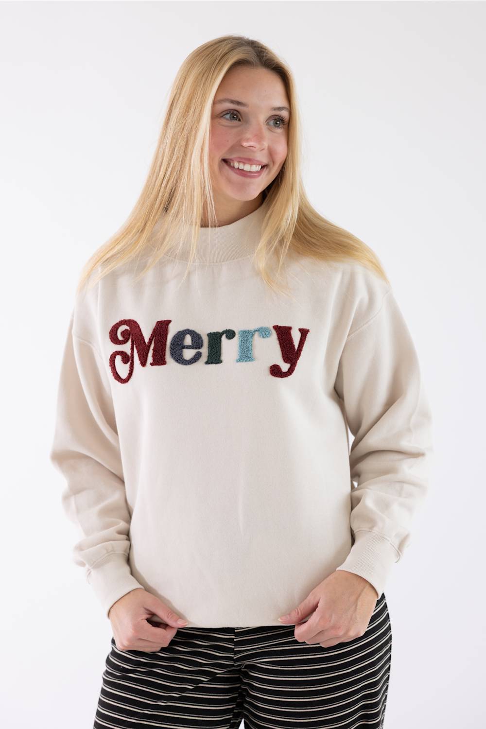 1897 Active Merry Chenille Patch Mock Neck Sweatshirt for Women in Beige
