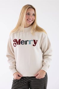 1897 Active Merry Chenille Patch Mock Neck Sweatshirt for Women in Beige