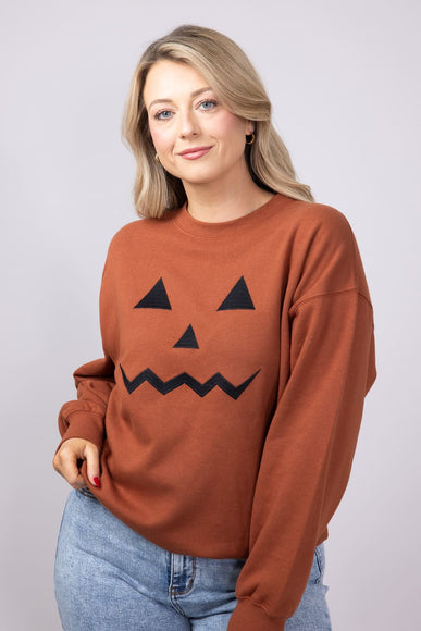 1897 Active Embroidered Pumpkin Face Sweatshirt for Women in Rust