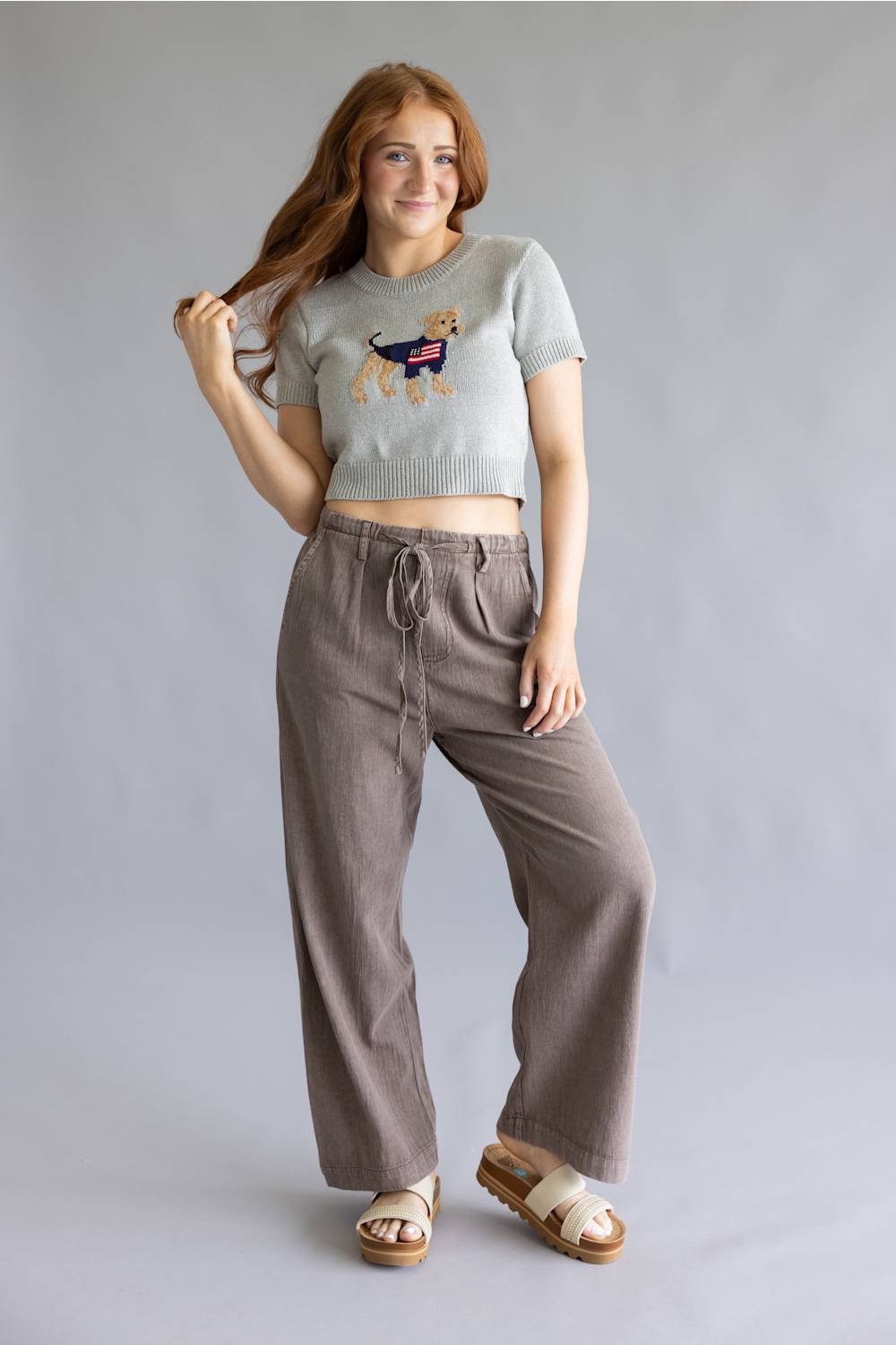 Garment Dyed Washed Tie Waist Pants for Women in Brown