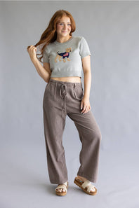 Garment Dyed Washed Tie Waist Pants for Women in Brown