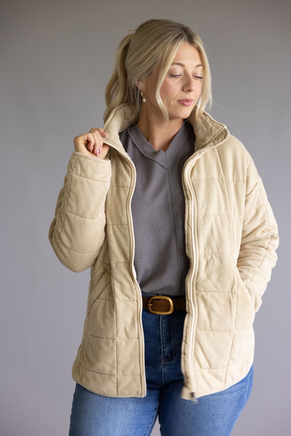 Garment Washed Quilted Jacket for Women in Beige