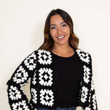 Granny Square Crochet Cropped Cardigan for Women in Black/White