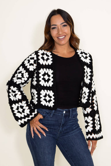 Granny Square Crochet Cropped Cardigan for Women in Black/White