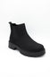 A single black Chelsea-style ankle boot with a chunky lug sole, shown from a three-quarters angle on a plain white background.