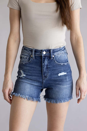 KanCan x Glik's Best Friend Fray Hem Distress Denim Shorts in Dark