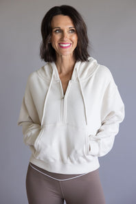 Half Zip Drawstring Fleece Hoodie for Women in Beige