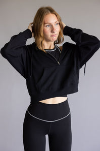 Half Zip Drawstring Fleece Hoodie for Women in Black