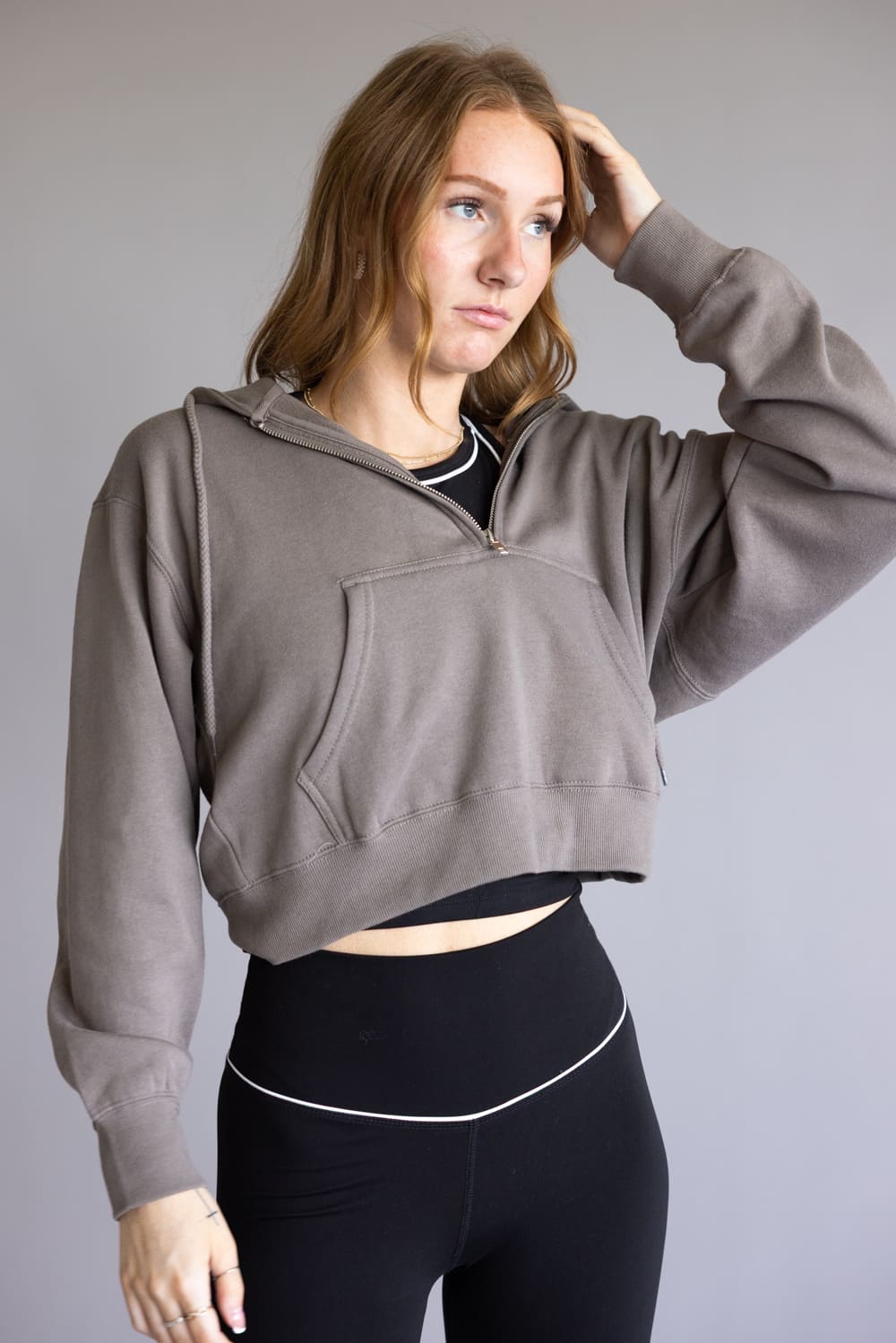 Half Zip Drawstring Fleece Hoodie for Women in Brown