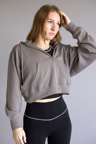 Half Zip Drawstring Fleece Hoodie for Women in Brown