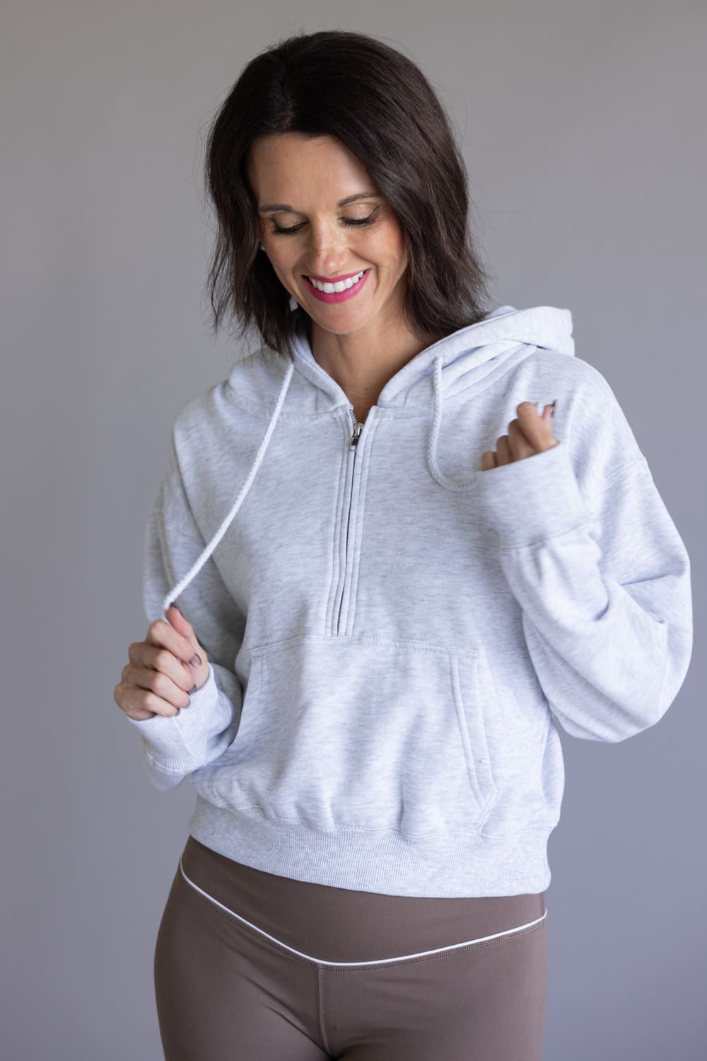 Half Zip Drawstring Fleece Hoodie for Women in Ice Grey