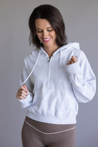 Half Zip Drawstring Fleece Hoodie for Women in Ice Grey