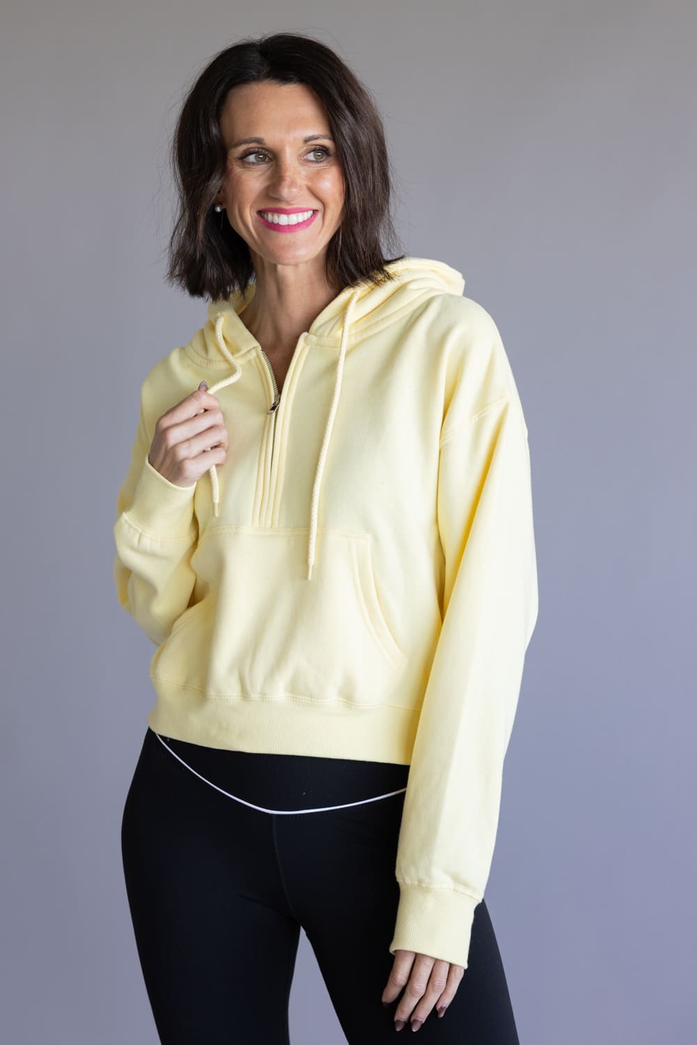 Half Zip Drawstring Fleece Hoodie for Women in Light Yellow