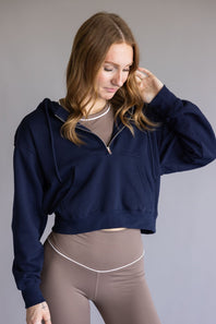 Half Zip Drawstring Fleece Hoodie for Women in Navy Blue