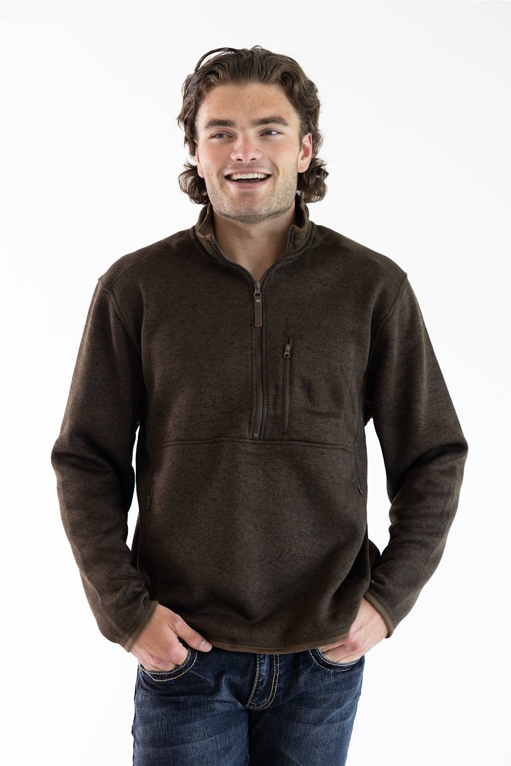A man wearing the Hallstatt Fleece Quarter Zip Pullover for Men in Heather Brown with a full zip front, knit-like material, vertical zipper pocket on the chest, and front hand pockets.