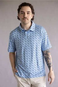 Hallstatt Pontoon Polo for Men in Blue; Man wearing a blue patterned polo shirt against a plain background