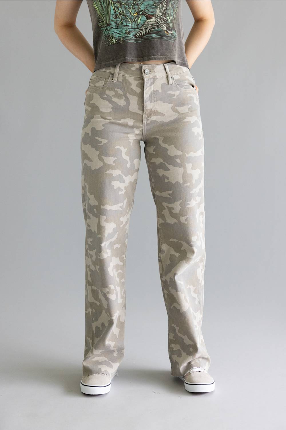 Hidden High Rise Logan Dad Jeans for Women in Tan Camo