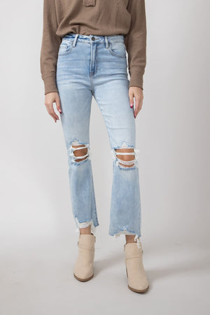 3×1 CROPPED FLARE DENIM 24 Mica High Rise Light Wash Uneven Hem Cropped Flare Jeans