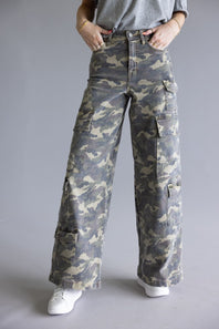 Hidden Nori Camo High Rise Wide Leg Cargo Jeans for Women in Green