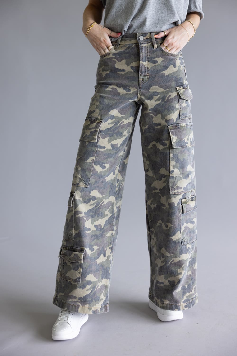 Hidden Nori Camo High Rise Wide Leg Cargo Jeans for Women in Green