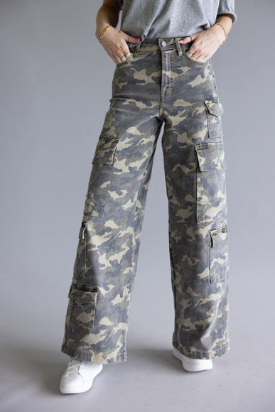 Hidden Nori Camo High Rise Wide Leg Cargo Jeans for Women in Green