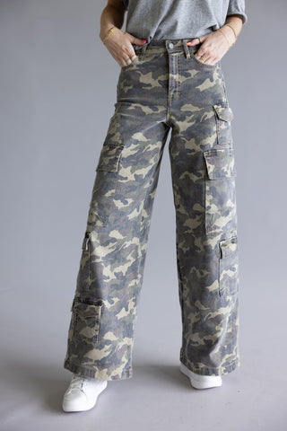 Hidden Nori Camo High Rise Wide Leg Cargo Jeans for Women in Green