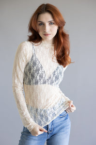High Neck Lace Sheer Layering Top for Women in Champagne