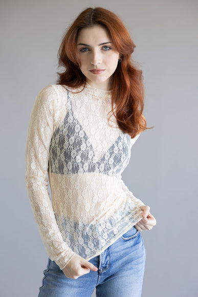 High Neck Lace Sheer Layering Top for Women in Champagne
