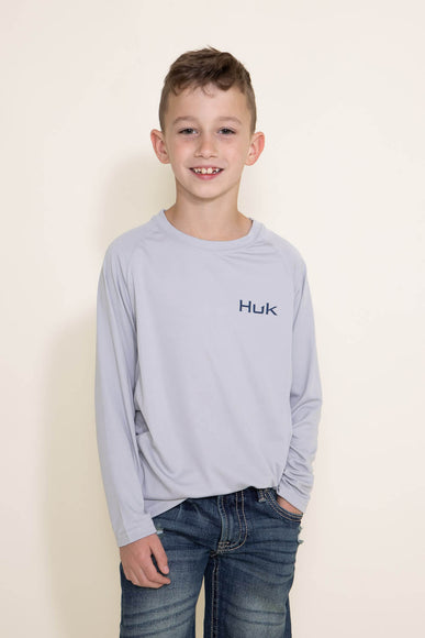 Huk Fishing Youth KC Flag Fish Pursuit Long Sleeve T-Shirt for Boys in Grey 