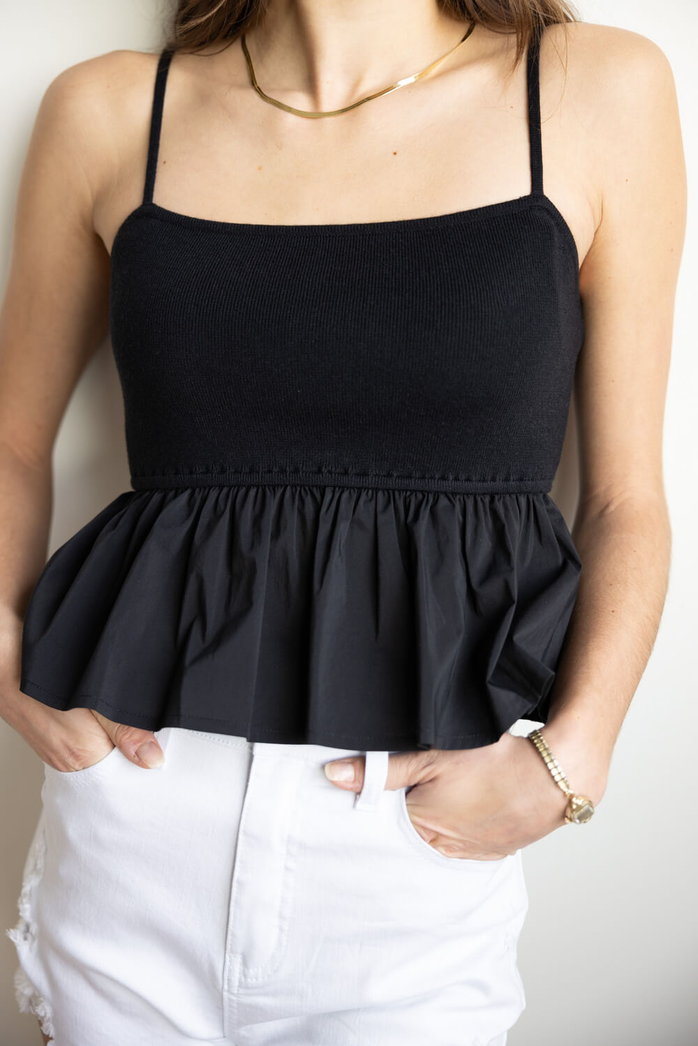 Ruffle Flare Hem Cami Tank Top for Women in Black | IBT26477