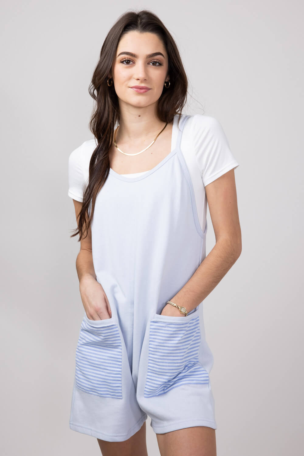 Illa Illa Striped Patch Romper for Women in Light Blue