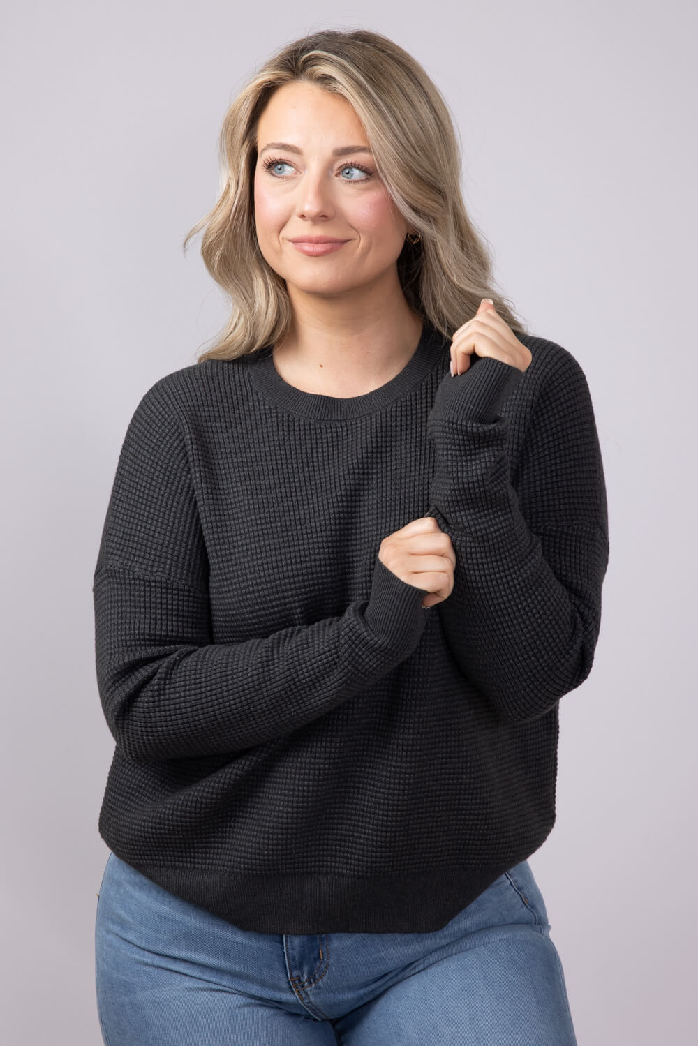 Drop Shoulder Waffle Sweater for Women in Heather Charcoal