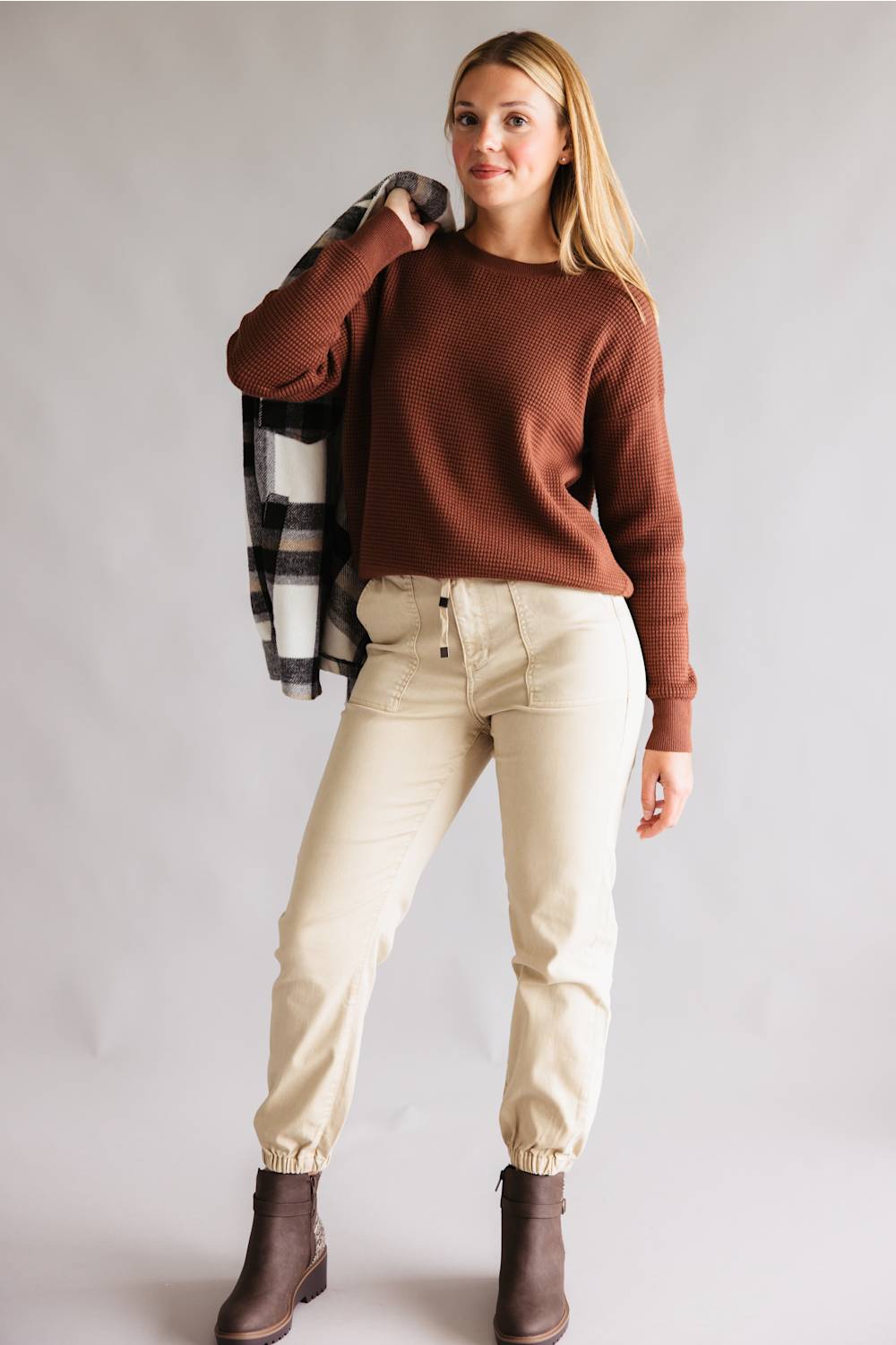 Tea N Rose Drop Shoulder Waffle Sweater for Women in Puce