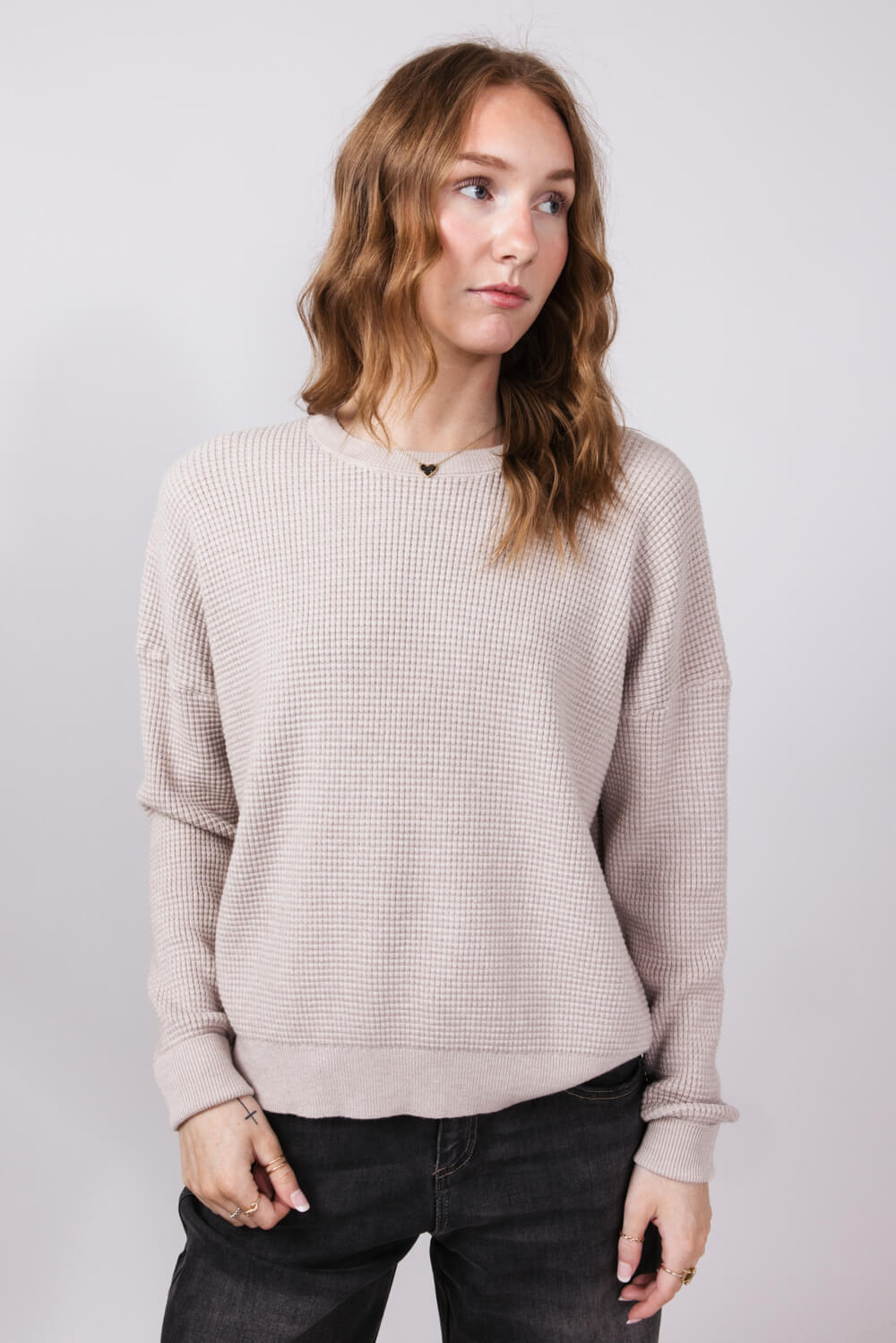 Tea N Rose Drop Shoulder Waffle Sweater for Women in Stone