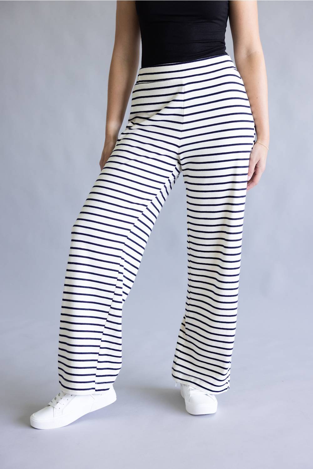 Blu Pepper Striped Wide Leg Lounge Pants for Women in White/Black