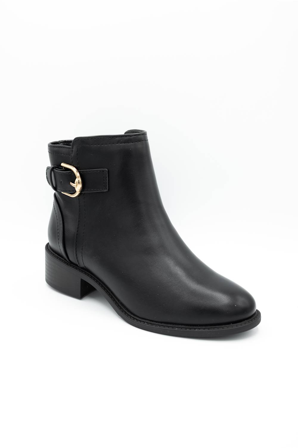 A black leather ankle boot with a low block heel and a gold buckle detail on the side, shown against a plain white background.