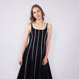 Linen Piping Midi Dress for Women in Black