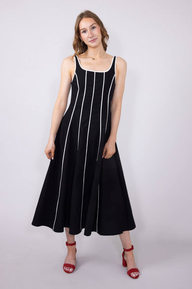 Linen Piping Midi Dress for Women in Black