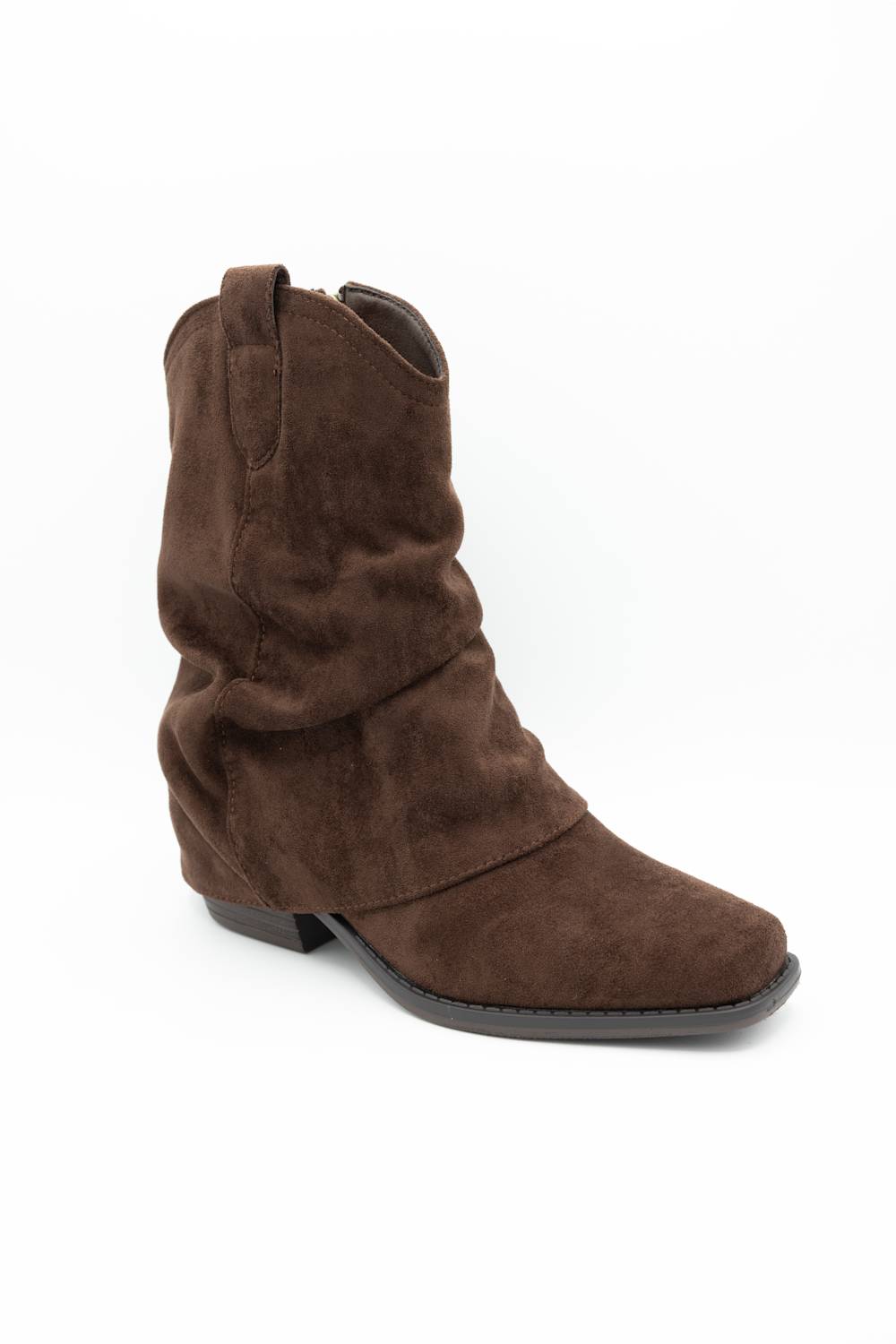 A brown suede slouchy ankle boot with a low block heel, shown from a side profile on a white background.