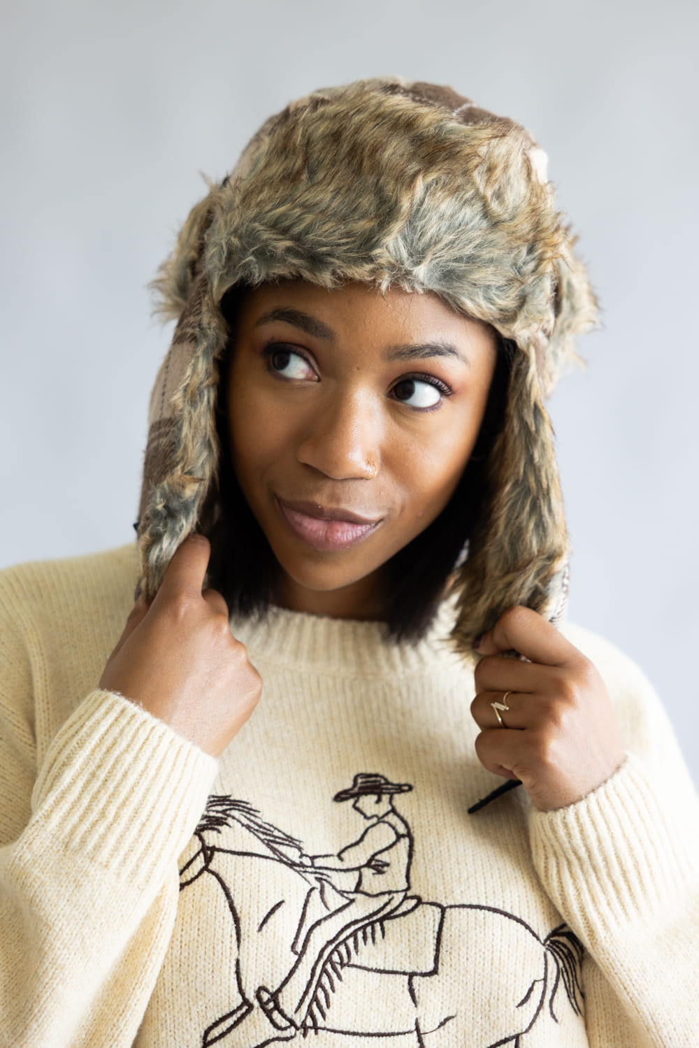 Faux Fur Trapper Hat for Women in Brown Plaid