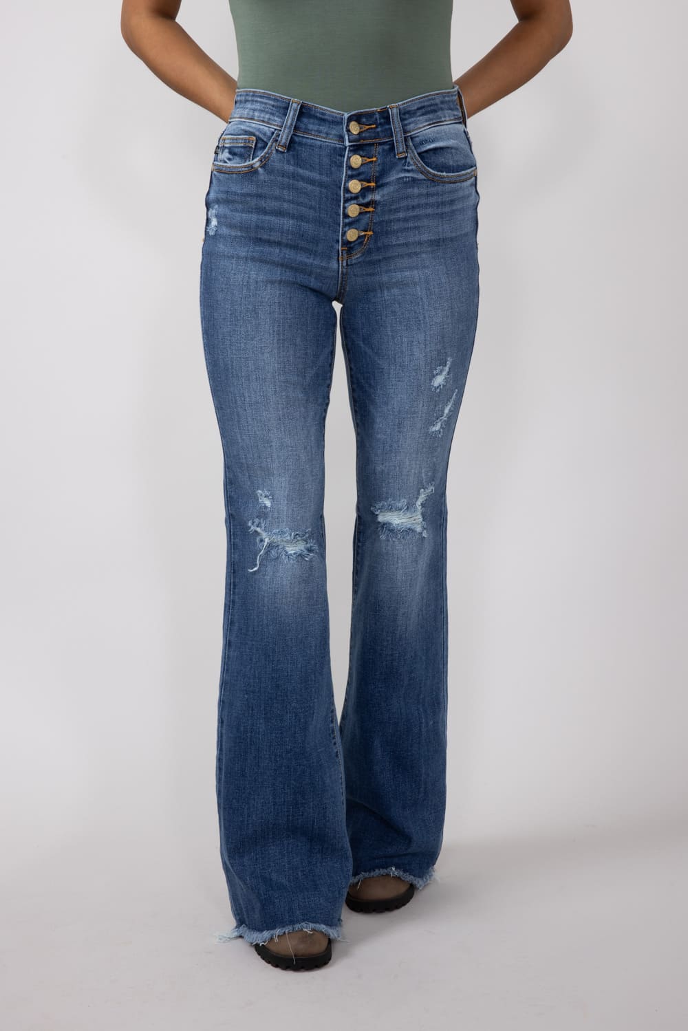 Judy Blue Mid Rise Medium Wash Flare Frayed Hem Distressed Jeans for Women