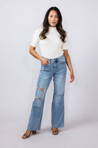 Judy Blue Mid Rise Ripped Wide Leg Jeans for Women