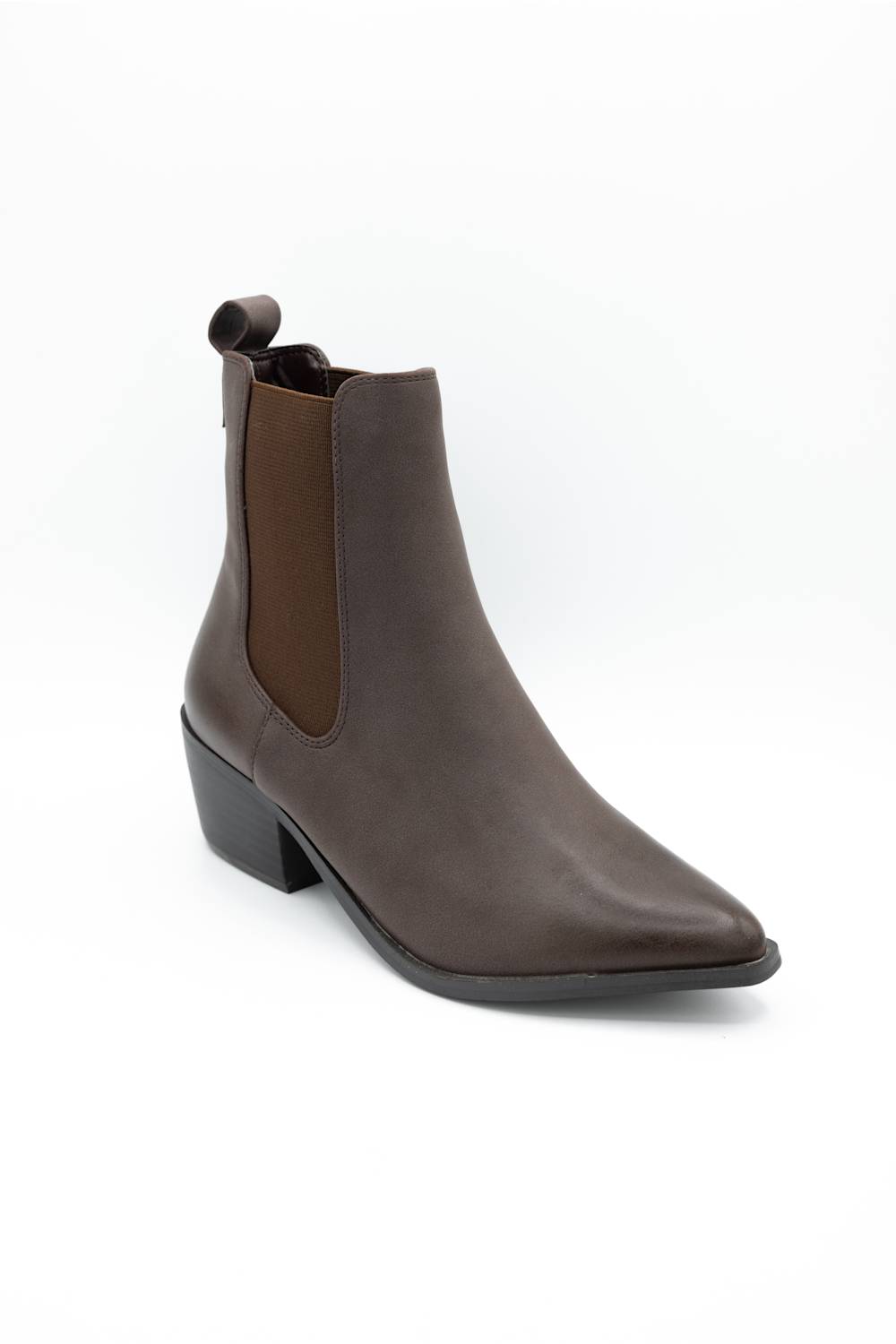 A dark brown leather ankle boot with a pointed toe, low block heel, and elastic side gore, shown on a plain white background.