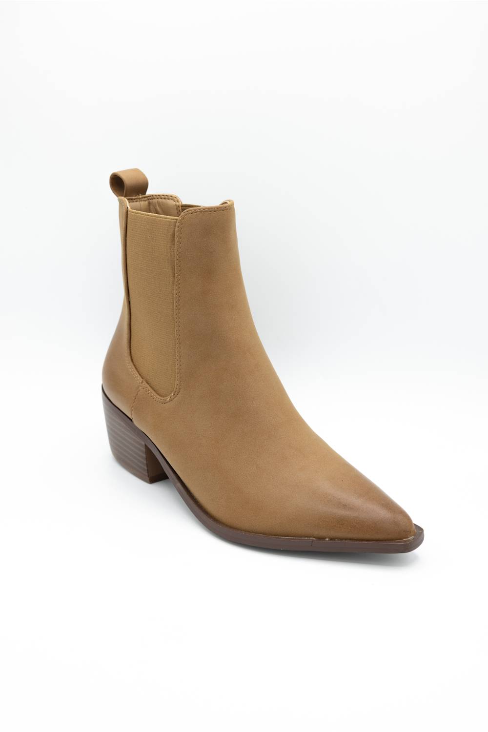 A tan suede ankle boot with a pointed toe, elastic side gore, and a low stacked heel, shown on a white background.