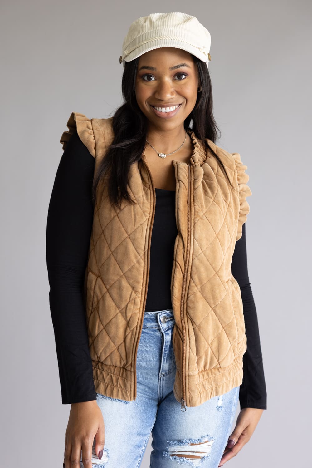 Garment Washed Quilted Ruffle Sleeve Vest for Women in Brown