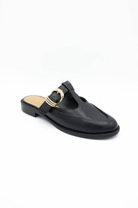 A single black leather mule loafer with a decorative gold-tone metal ring detail across the instep, shown on a plain white background.